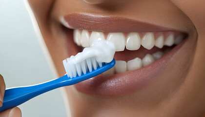 Woman, toothpaste and brush for teeth whitening with closeup in studio with healthy gums and hygiene results. Female person, dental product and cleaning mouth for fresh breath by white background