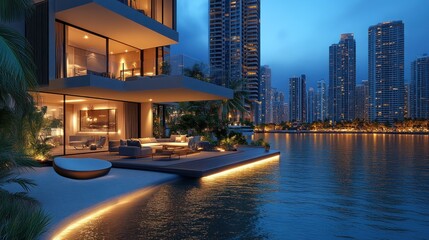 Luxurious waterfront condo, evening city view, modern design