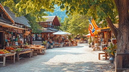 Obraz premium Walking Through a Vibrant Thai Market Street on a Sunny Day