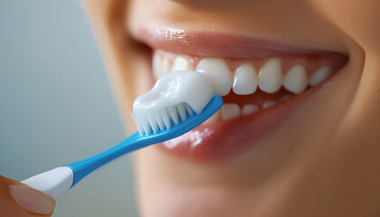 Woman, toothpaste and brush for teeth whitening with closeup in studio with healthy gums and hygiene results. Female person, dental product and cleaning mouth for fresh breath by white background