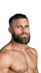 Fototapeta premium A shirtless muscular man with a trimmed beard, isolated on a transparent background. Great for fitness and health concepts.