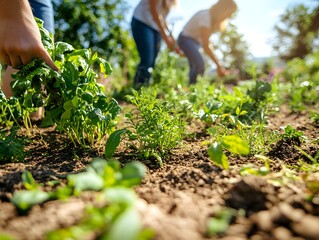 Fototapeta premium Harvest Bounty: An outdoor shot captures people harvesting vegetables and herbs. The scene is awash in the warm glow of the sunlight.