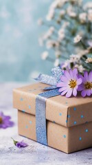 A beautifully wrapped gift sits on a table, decorated with flowers, celebrating Mother's Day with love and care