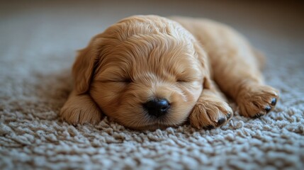 Adorable sleeping puppy on plush carpet indoors
