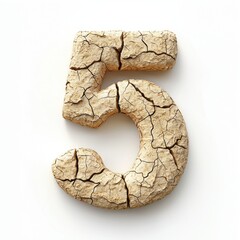 Number 5 made of rough, cracked desert sand with small pebbles and deep fissures forming a natural pattern isolated on a clean white background