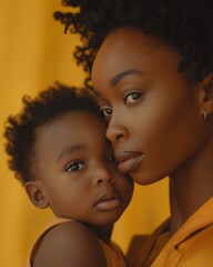 A Black mother holds her baby close against a sunny yellow backdrop, capturing a tender moment filled with love and connection