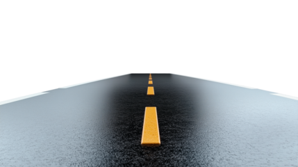 A long empty road with yellow center lines, stretching into the distance, isolated on a transparent background. Ideal for travel and road trip themes.