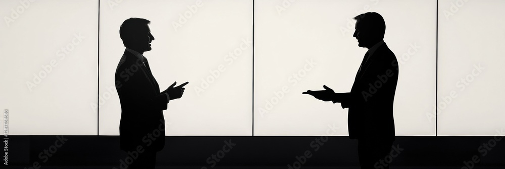 Poster two professionals engaged in discussion with silhouettes against a bright backdrop in a modern offic