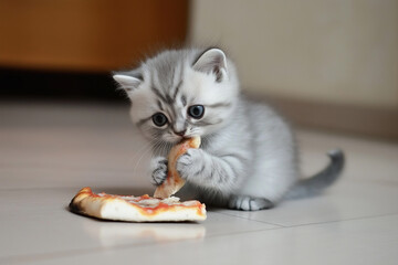 Scottish Fold kitten eating pizza, cute gray cat playful on the floor, fluffy and adorable pet