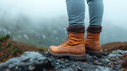 Hiking boots on a mountaintop in fog