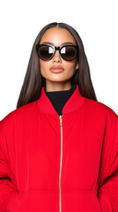 A stylish woman wearing a red jacket and large black sunglasses, isolated on a transparent background. Ideal for fashion and style concepts.