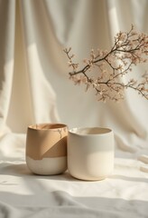 A minimalist still life with ceramic vases in neutral tones, a dried plant, and a stack of books against a textured concrete wall