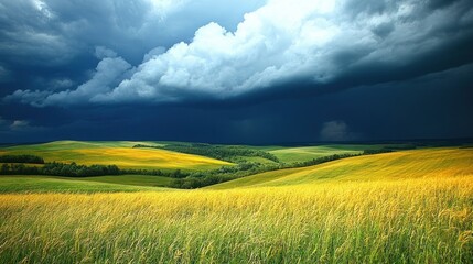 Obraz premium Stormy landscape over golden field