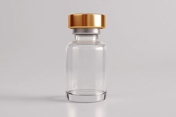 Clear glass vial with a golden cap displayed against a neutral background, perfect for pharmaceuticals or cosmetics. Generative AI