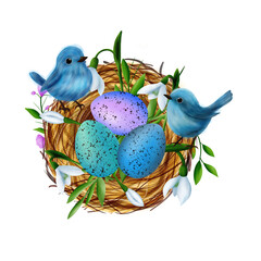 Easter composition with a nest, colourful eggs, snowdrop flowers, willow vines, blue birds, green branches. Watercolor digital illustration. For decoration textiles, wallpaper, wrapping paper, covers