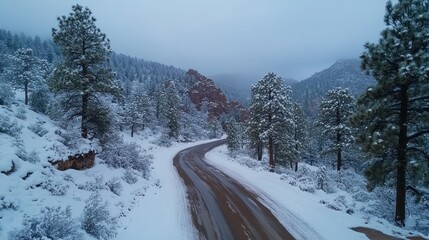 Fototapeta premium Driving Through Winter Landscape Road Surrounded by Snowy Trees and Mountains