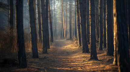Naklejka premium Serene forest pathway with sunlit trees in tranquil wilderness