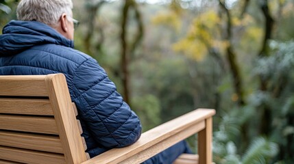 Fototapeta premium Senior man sits on park bench, looking at forest. Possible use Stock photo for tranquility, mindfulness, nature