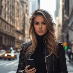 Fototapeta premium A fashionable woman in leather jacket holding phone, walking downtown.
