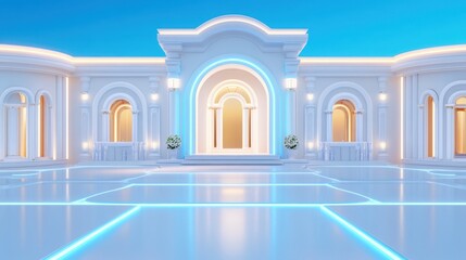 Obraz premium Elegant White Building with Arches and Neon Lights on a Clear Day