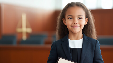 Young professional woman wearing business attire, gripping law book, smiling confidently inside courtroom, representing legal career potential and judicial aspirations