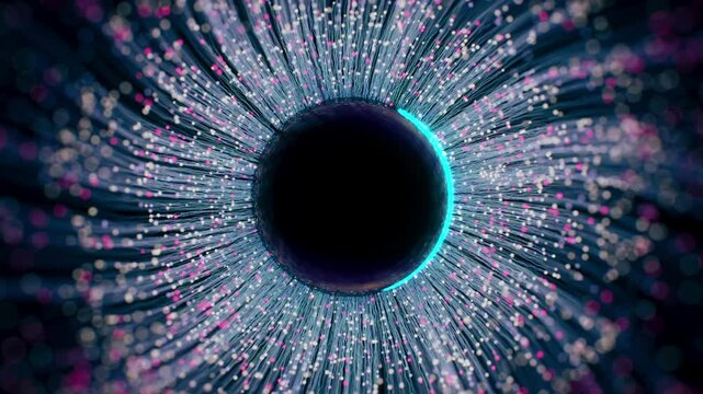 Particles radiating from a circle, leaving vibrant line trails. Abstract network background visualizes big data flow, data speed, blockchain technology, and innovative tech concepts. Ultra HD 4K anima