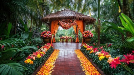 Obraz premium Floral Gazebo Wedding Venue with Flower Petal Path and Lush Greenery