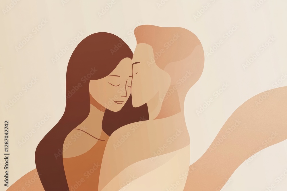 Aufkleber Two figures embrace tenderly in a minimalist illustration set against a soft backdrop. Generative AI