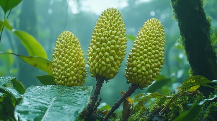 Obraz premium Tropical rainforest fruit, close-up of three light green buds, lush foliage, misty background. Possible use Nature, travel, botany, education