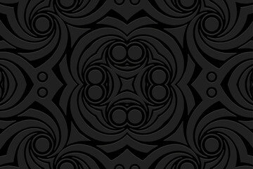 Geometric black background, tribal cover design, banner. Artistic 3D pattern, embossing, relief texture. Ornaments, arabesques, mandala of the East, Asia, India, Mexico, Aztec, Peru. Ethnic flavor.