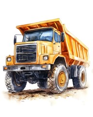 The dump truck, painted in a bright yellow, stands on a gravel surface at a construction site, showcasing heavy-duty tires and a robust design suitable for transporting materials.