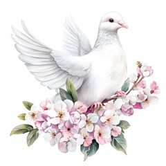 Obraz premium White dove perched on blooming cherry blossom branches against a soft background