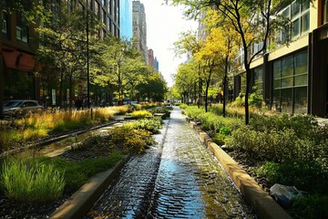 Obraz premium Urban Oasis Cityscape Green Architecture Modern Buildings Sunlight Water Feature Cobblestone Pathway Tranquil Serene Peaceful Environment Lush 