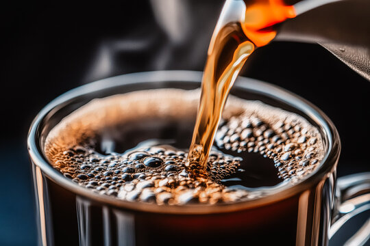 Gros plan sur une cafeti&egrave;re versant du caf&eacute; chaud dans une tasse