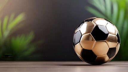 A striking image of a golden soccer ball resting against lush green foliage, symbolizing triumph and achievement in the sport amidst a natural backdrop.