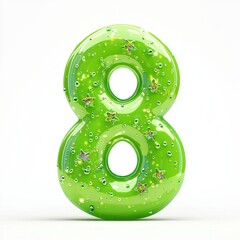 Number 8 made of neon green slime with iridescent star-shaped glitter floating inside isolated on a clean white background