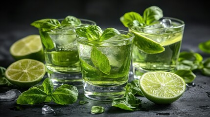 Basil Lime Cocktails on Dark Stone Surface with Ice