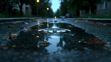 Raindrop impact puddle, city street, autumn leaves, twilight