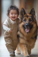 Shepherd dog and adorable child in perfect friendship, smiling and bonding while walking happily