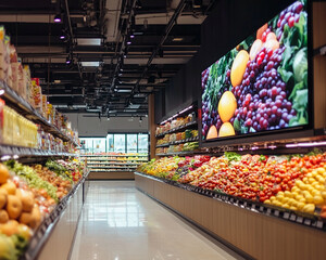 Grocery store aisle showcasing fresh fruits and vegetables with a digital display showing vibrant produce, symbolizing healthy living, shopping convenience, and technology in retail.