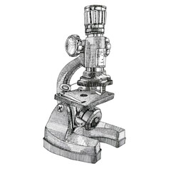 old microscope vintage laboratory tool. line graphic illustration isolated on white background 