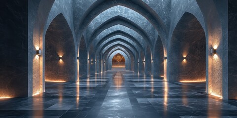 Obraz premium Grandiose Architectural Marvel: A Serene Indoor Passageway with Symmetrical Arches and Marble Walls