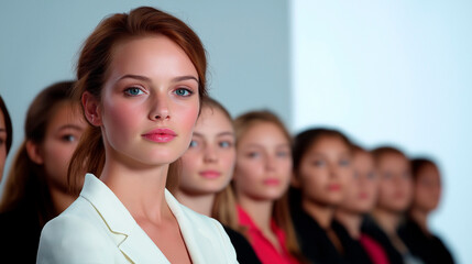 Obraz premium Young woman in white blazer with confident look stands in front of colleagues. She demonstrates leadership and professionalism, standing out in team. Perfect for business and corporate success themes.
