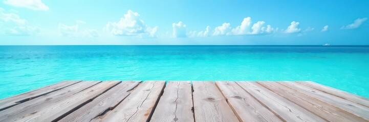 Weathered gray wooden pier planks above tranquil blue water, bright sky , landscape, sun, scene