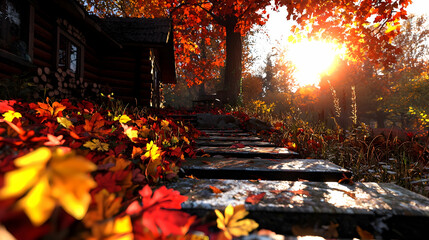 Autumnal cabin steps, sunlit forest background, fall foliage, peaceful nature scene