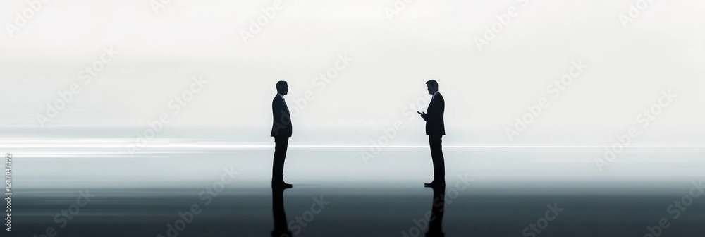 Leinwandbilder two professionally dressed individuals engage in conversation with reflections on a calm surface dur