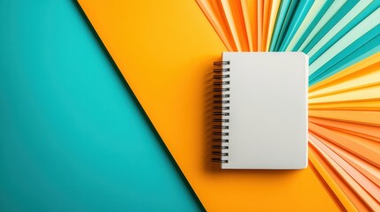 A blank notebook lies on a vibrant paper background, showcasing a harmonious blend of colors that sparks creativity and artistic expression for various projects.