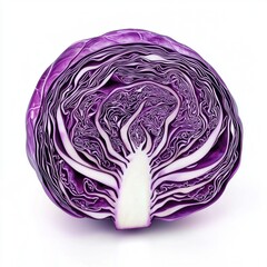 Purple cabbage cut in half revealing intricate layers isolated on white background