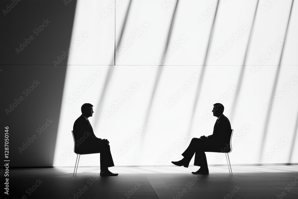Aufkleber Two men engaged in deep discussion in a minimalist space with dramatic lighting at an early evening event. Generative AI