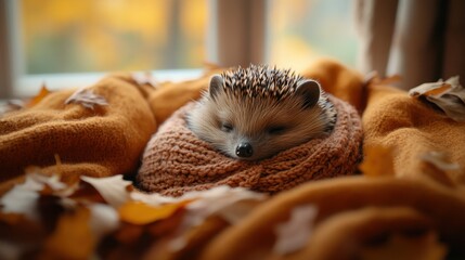 Fototapeta premium Sleepy hedgehog nestled in autumnal blanket, surrounded by leaves, by window